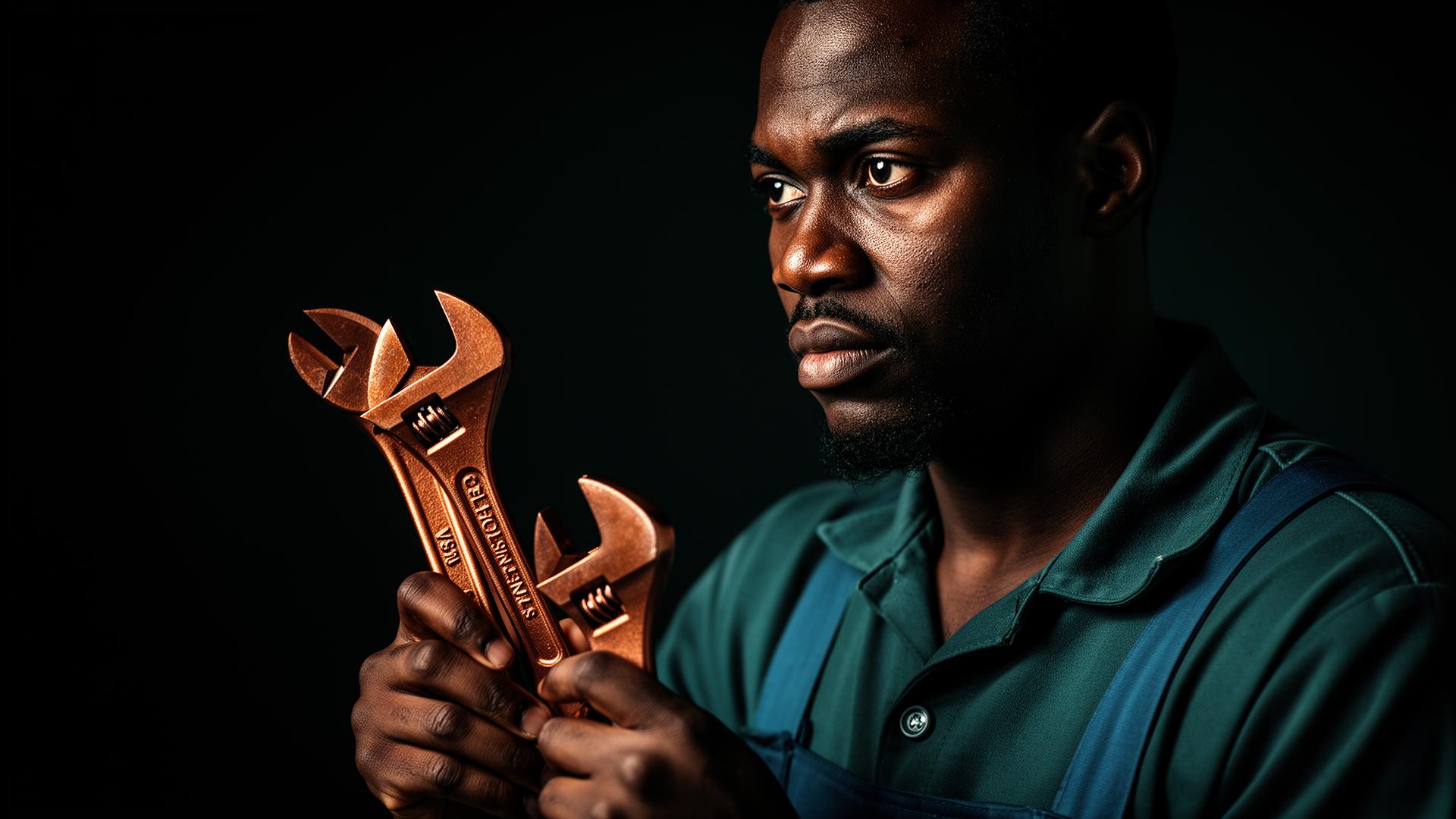 Verified plumber holding industrial copper wrenches, lit dramatically